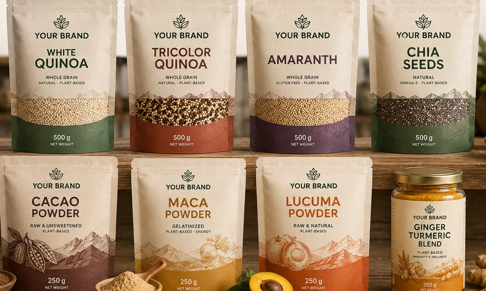 Private label packaging concept with quinoa, amaranth, chia, cacao, maca, lucuma and ginger turmeric products